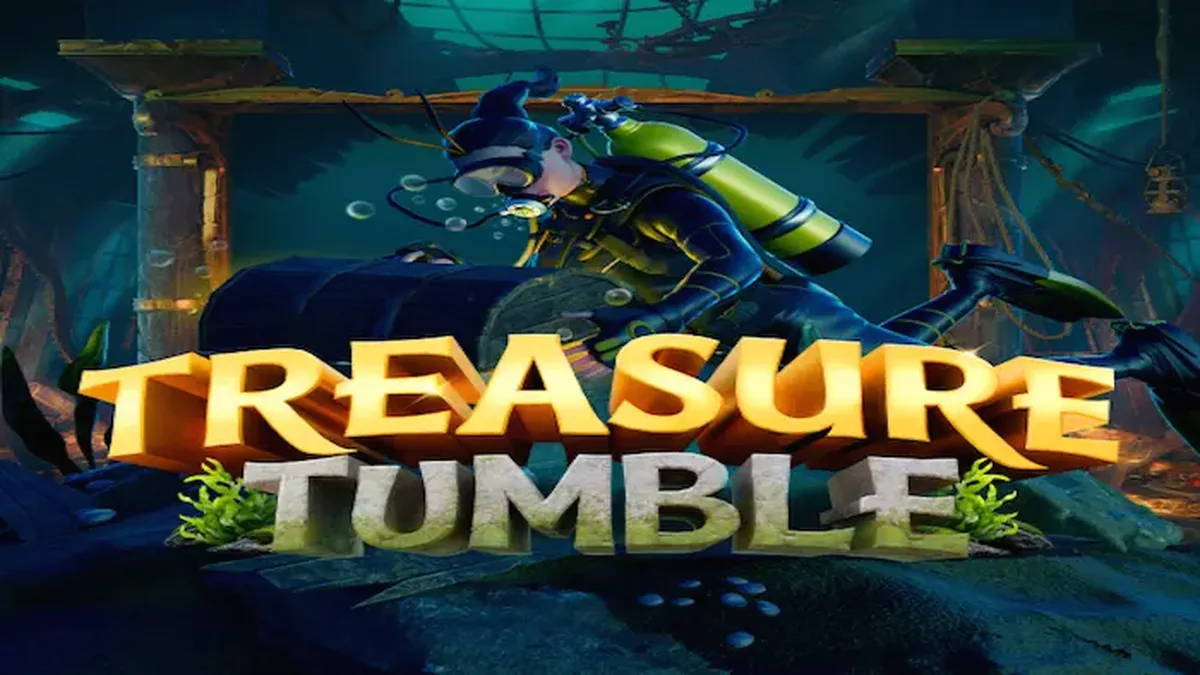 Pemandangan bawah laut yang misterius dengan peti harta karun dan simbol-simbol slot dalam permainan Treasure Tumble.